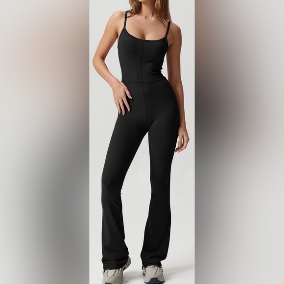 Black Women's Bodycon Flare Jumpsuit with Spaghetti Straps and Scoop neck. - Picture 3 of 7